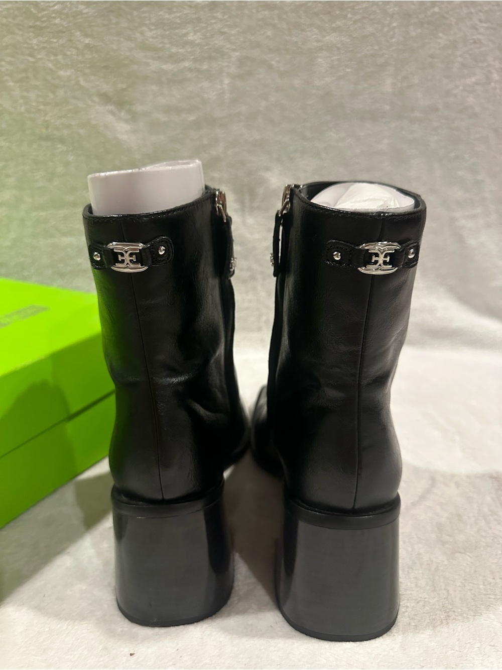 Sam Edelman Black Leather Platform Ankle Boots with Silver Logo Accent